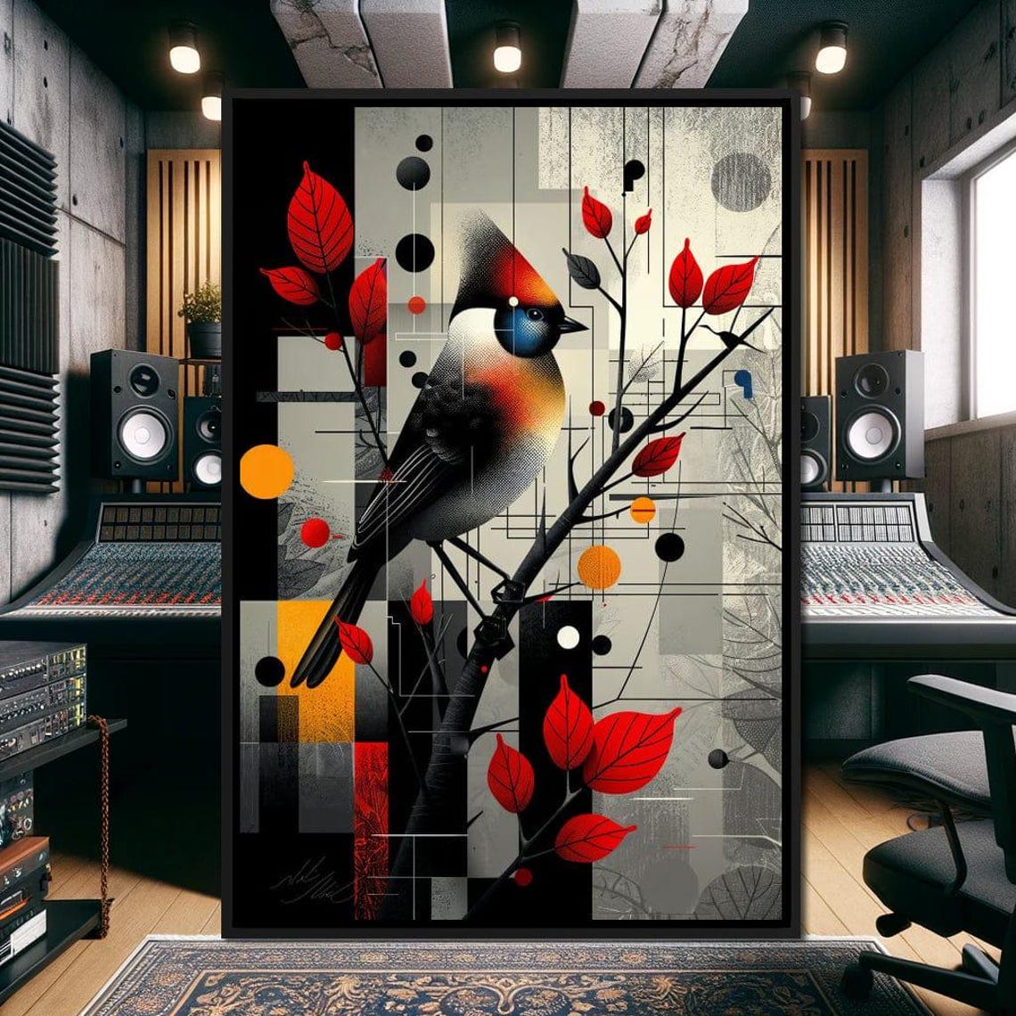 Autumn Songbird Geometric Art Red Leaves Modern Bird Branch Wall Art - Image 2