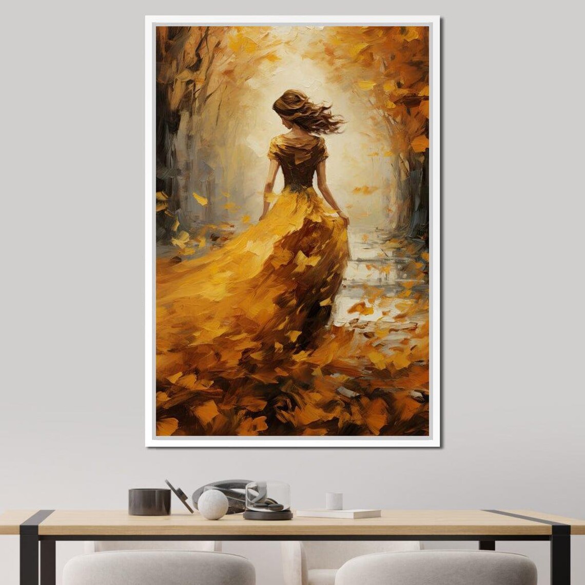 Woman Golden Dress Autumn Forest Falling Leaves Oil Painting Print - Image 4