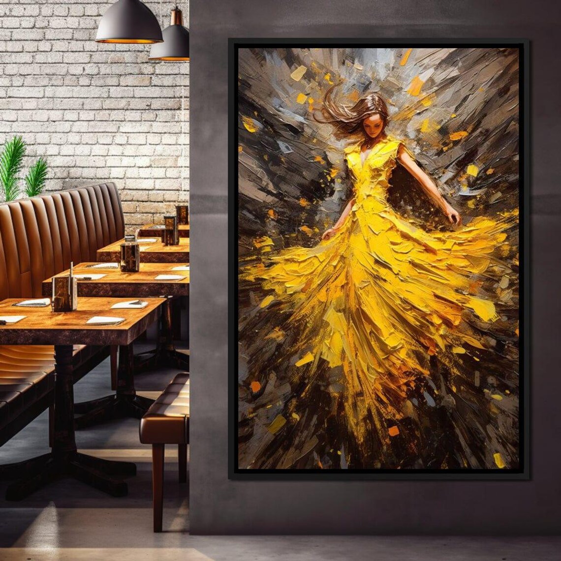Dancing Woman Flowing Yellow Dress Expressive Painting Modern Fine Art Poster