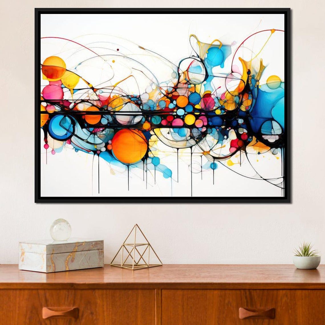 Multicolor Ink Circles Lines Symmetric Framed Abstract Wall Art