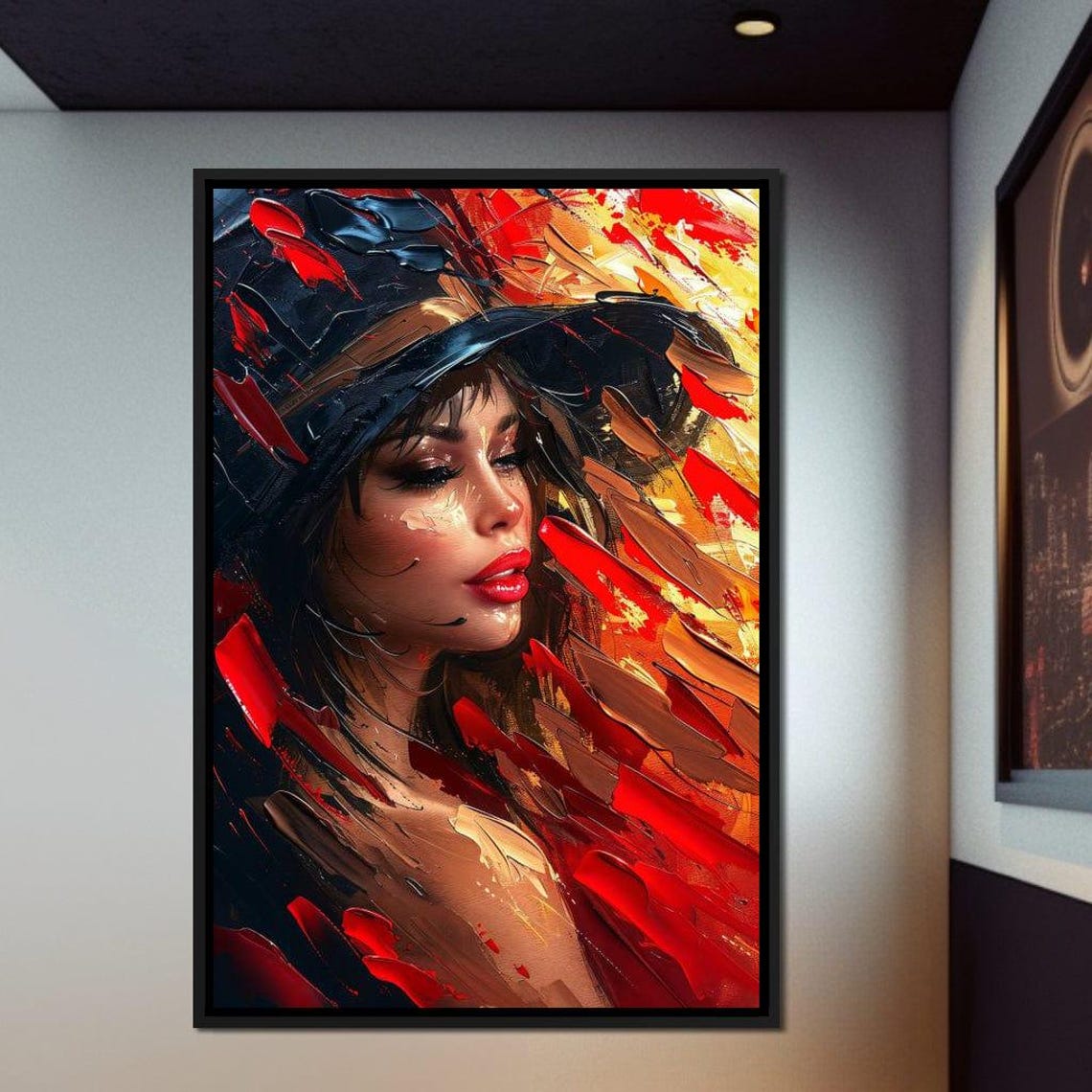 Passion in Red Black Gold Expressive Hat Beauty Portrait Wall Art - Image 2
