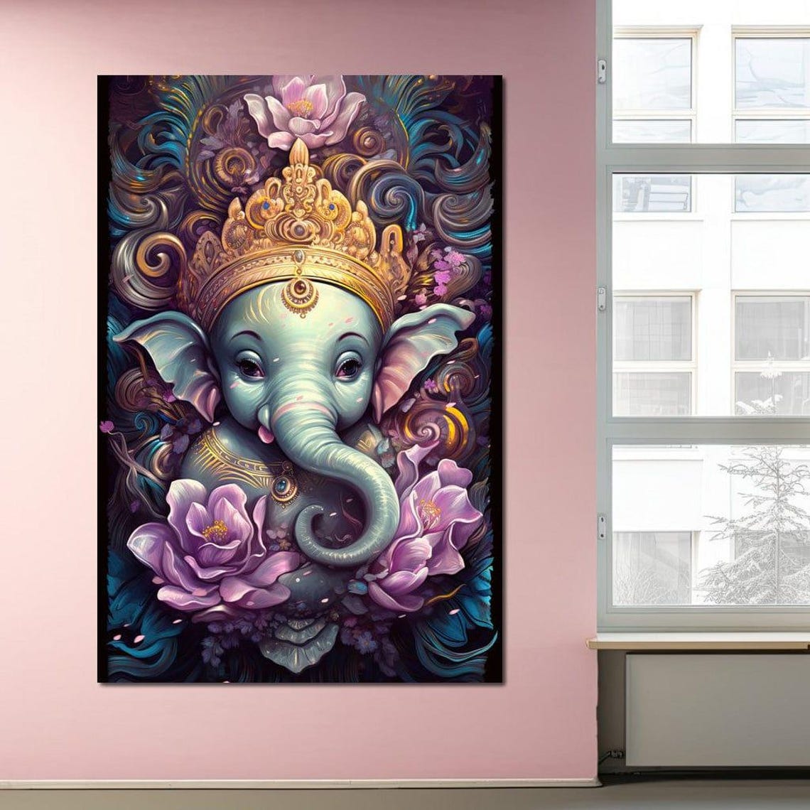 Baby Ganesha Teal Elephant God Golden Crown Pink Lotus Art Poster - Image 4