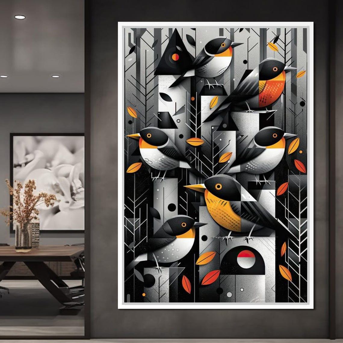 Six Geometric Songbirds Orange Breasts Autumn Forest Wall Art - Image 4