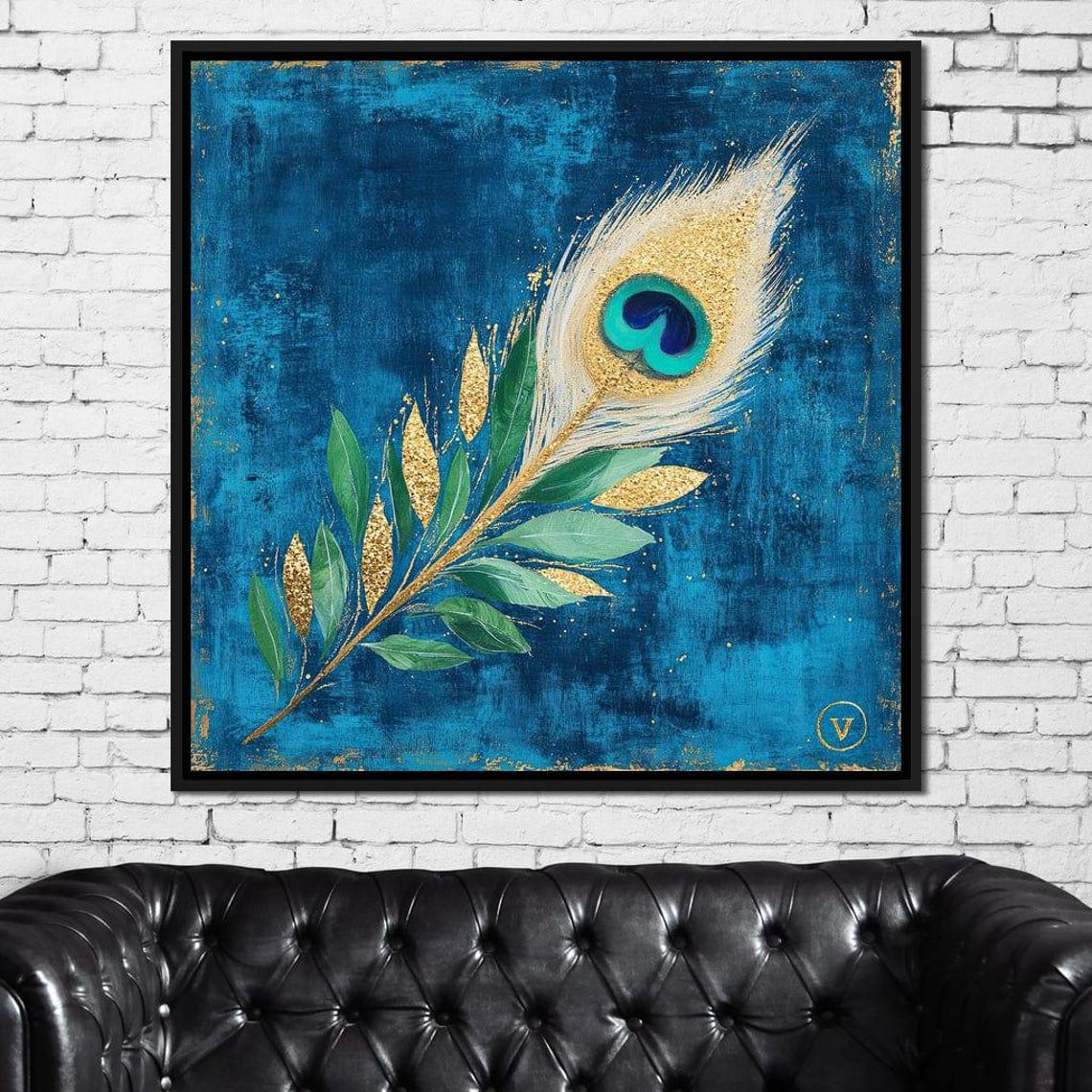 Golden Peacock Feather With Green Leaves On Turquoise Canvas Wall Art - Image 4