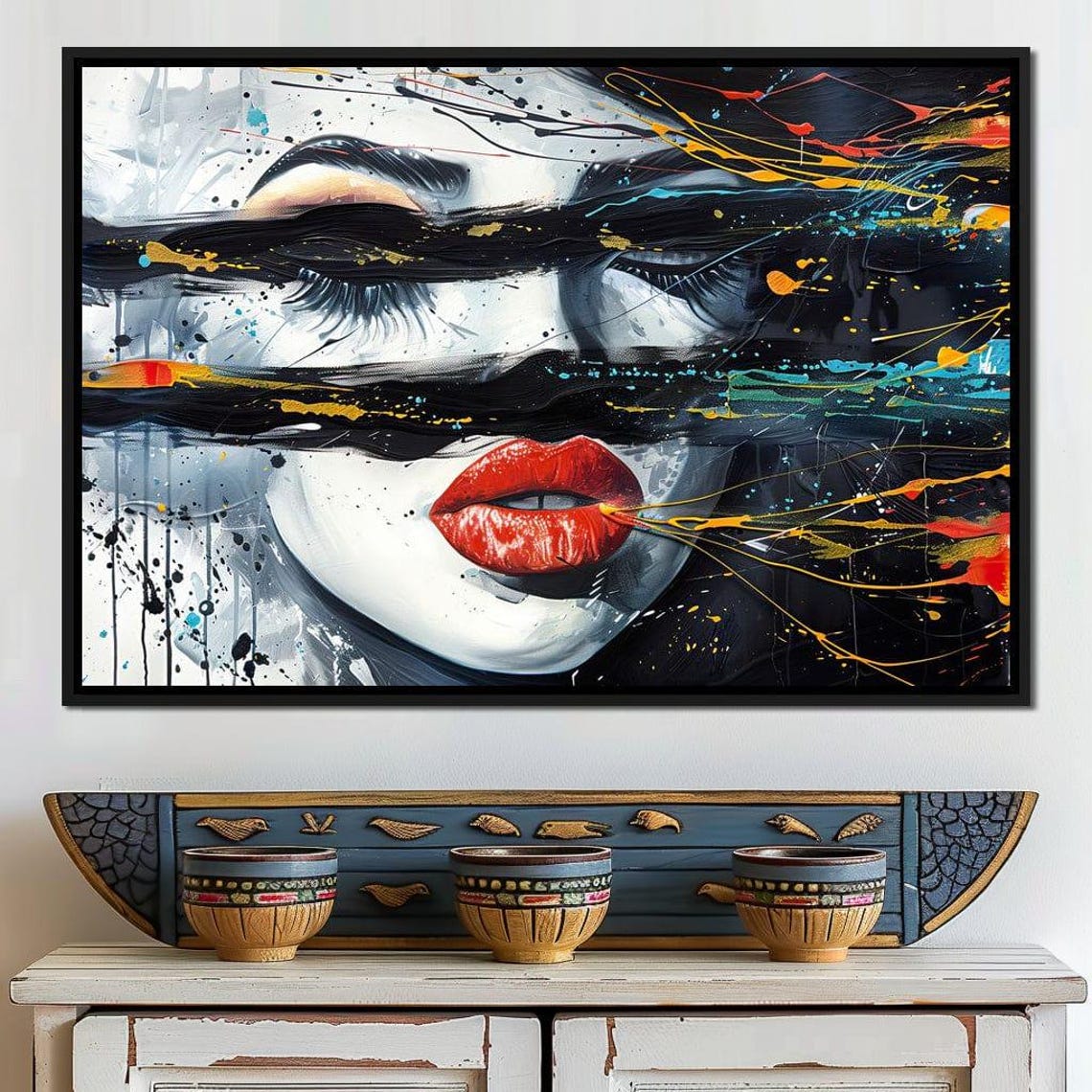 Urban Siren Abstract Face Bold Red Lips Gray Splatter Graffiti Poster - Image 3