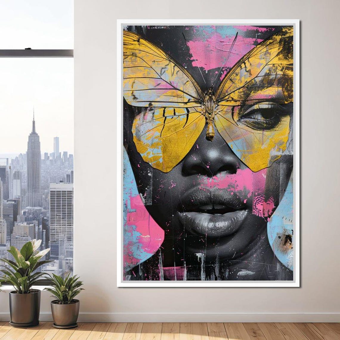 Golden Butterfly Woman Portrait Street Art Pop Urban Face Wall Print - Image 3