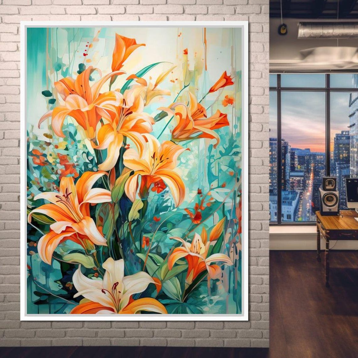 Orange Lilies On Turquoise Background Vibrant Botanical Wall Art Print - Image 4