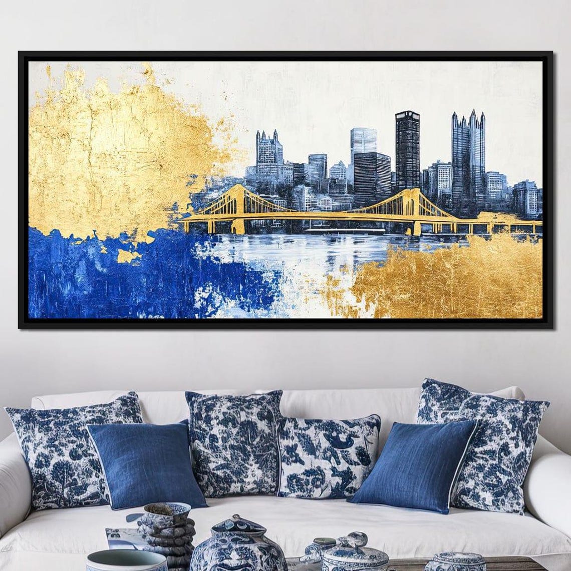 Golden Bridge City Skyline Blue Gold Watercolor Urban Poster - Image 4