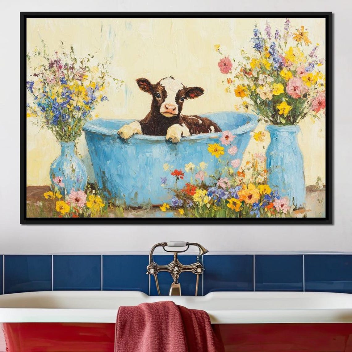 Calf In Blue Tub Wildflower Vases Whimsical Farmhouse Wall Art Poster - Image 2