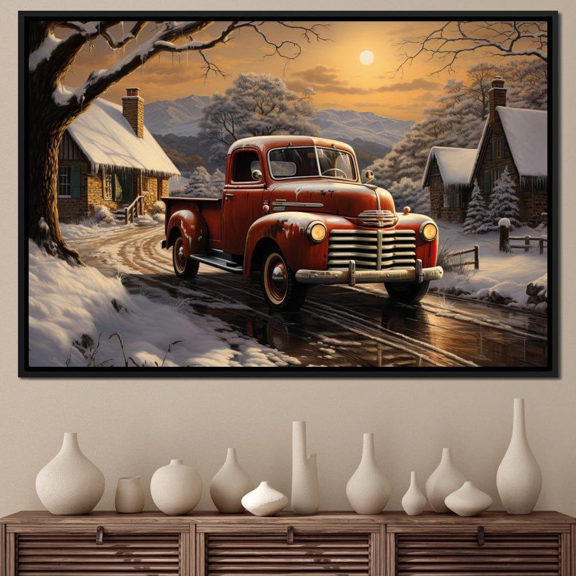 Red Vintage Pickup Truck Snowy Village Sunset Winter Scene Art Print - Image 3