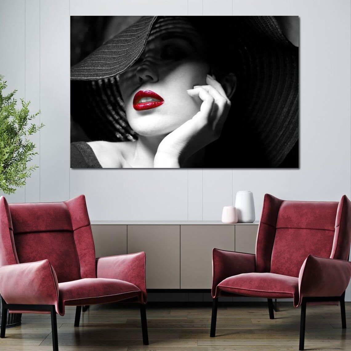 Black And White Woman Red Lips Hat Five Panel Canvas Portrait Mood Poster - Image 2