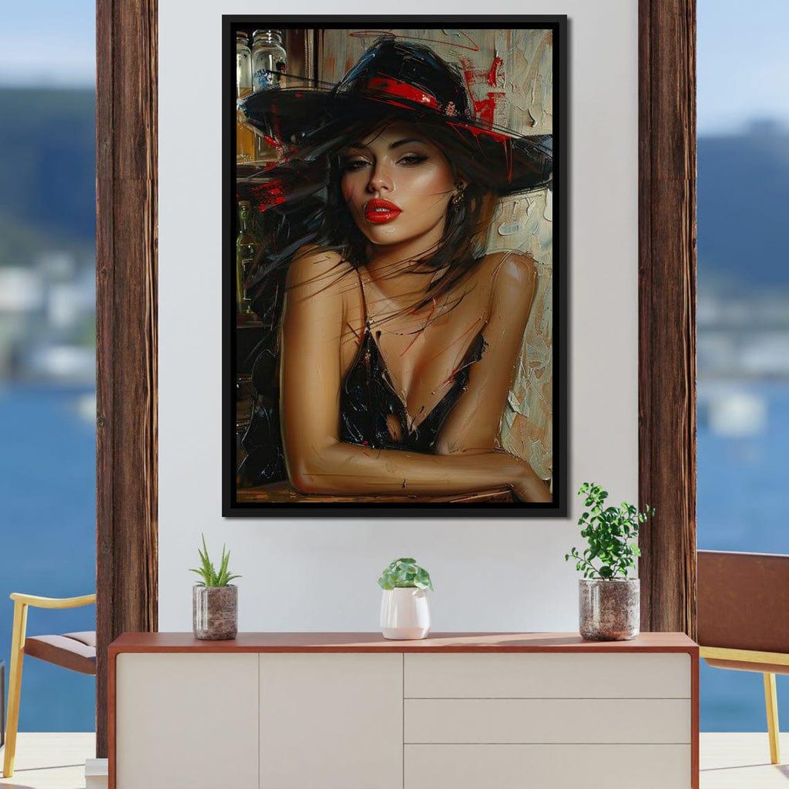 Black Fedora Femme Fatale Red Lips Fashion Portrait Wall Art - Image 4
