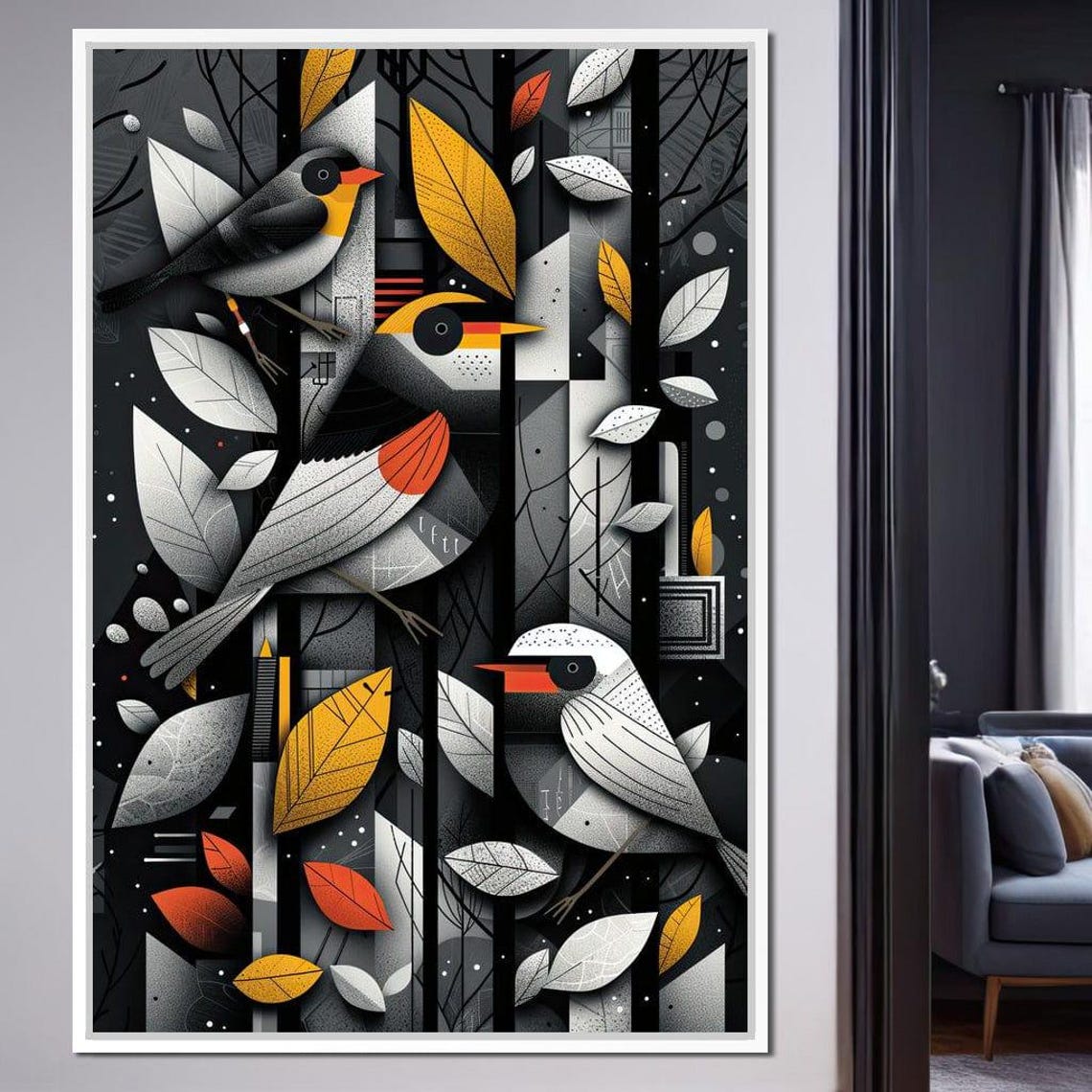 Geometric Birds Autumn Leaves Black White Gold Modern Avian Wall Art - Image 3