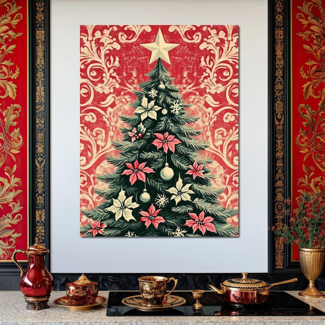 Christmas Tree With Pink Poinsettias Red Damask Holiday Poster - Image 4
