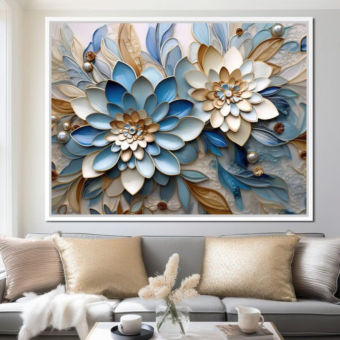 Blue Floral Symphony, Modern Botanical Wall Art Print