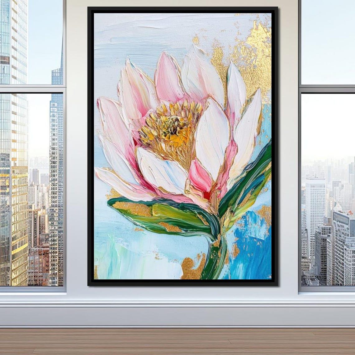 Pink Lotus Flower Gold Leaf Impasto Botanical Elegant Modern Print - Image 3