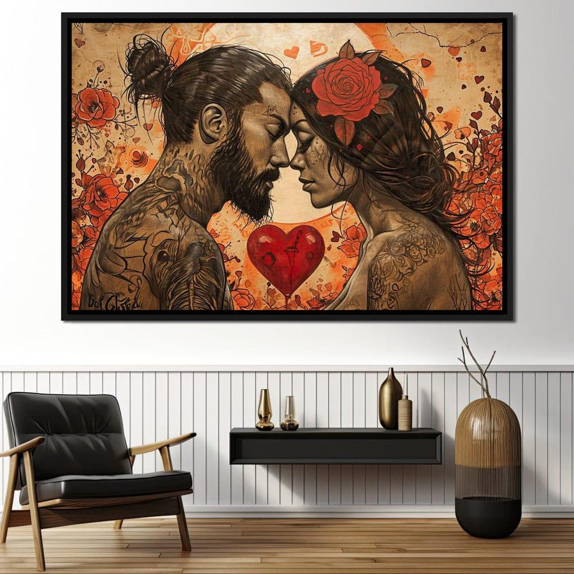 Tattooed Couple Romantic Embrace Red Heart Floral Love Art Print