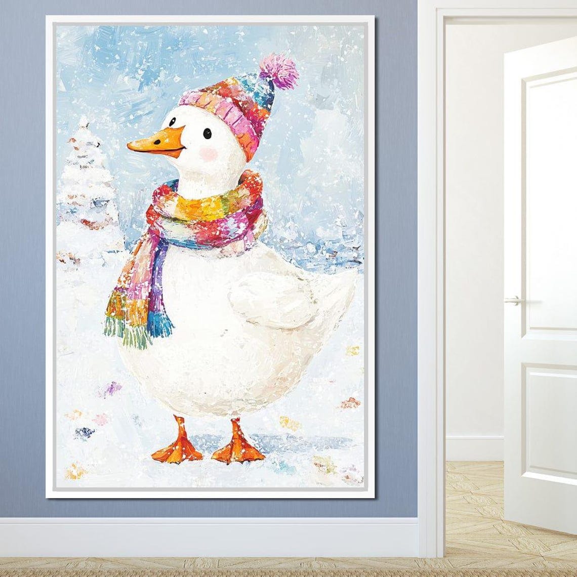 Cute Duck In Winter Hat And Colorful Scarf Snowy Holiday Poster