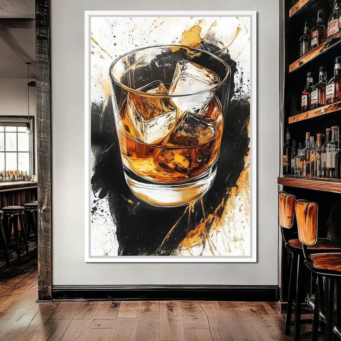 Whiskey Glass With Ice on Bold Black and Gold Splash Art Poster - Image 2