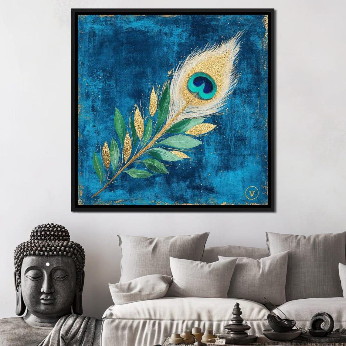 Golden Peacock Feather With Green Leaves On Turquoise Canvas Wall Art - Image 2