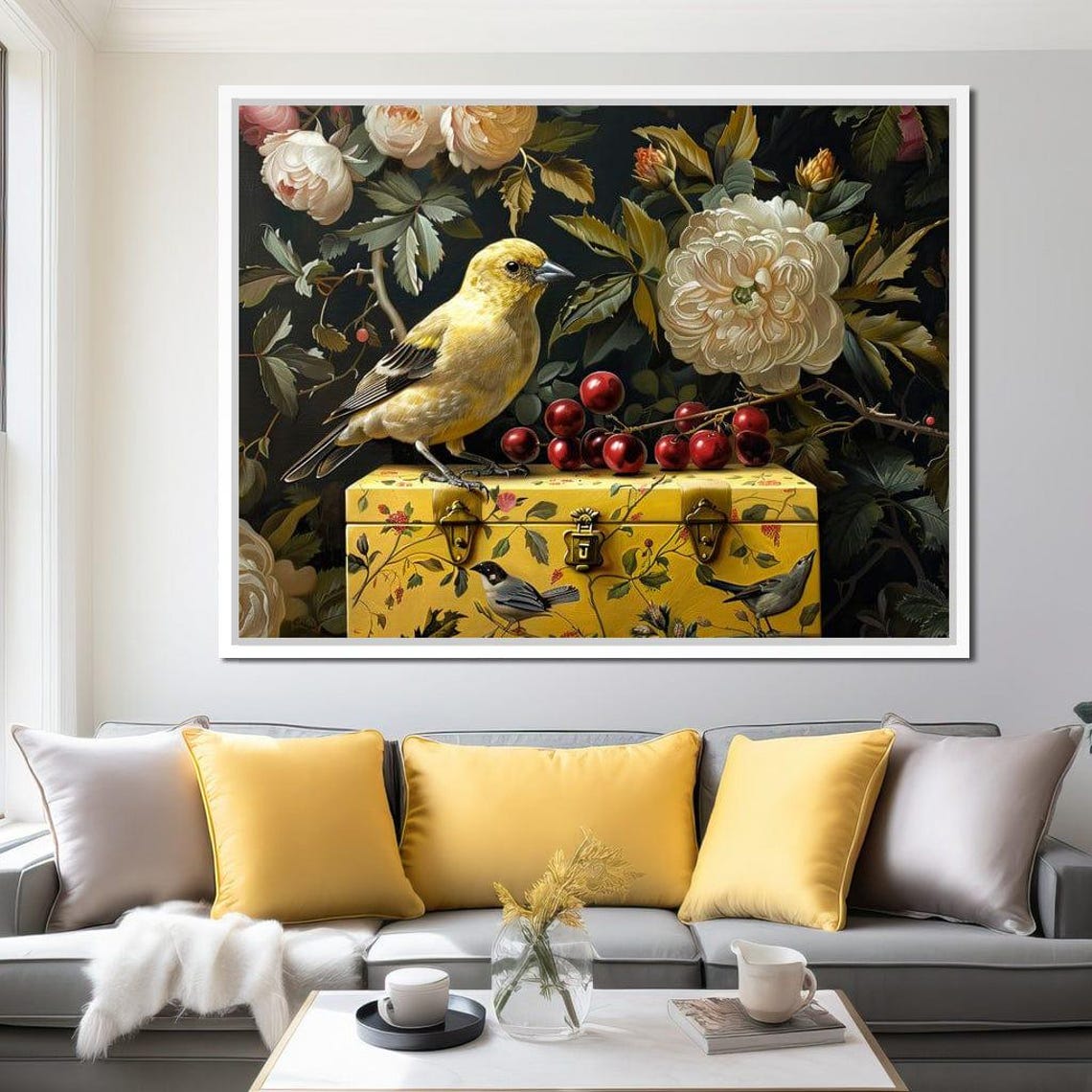 Golden Finch Peony Cherry Vintage Dark Floral Bird Wall Art Print