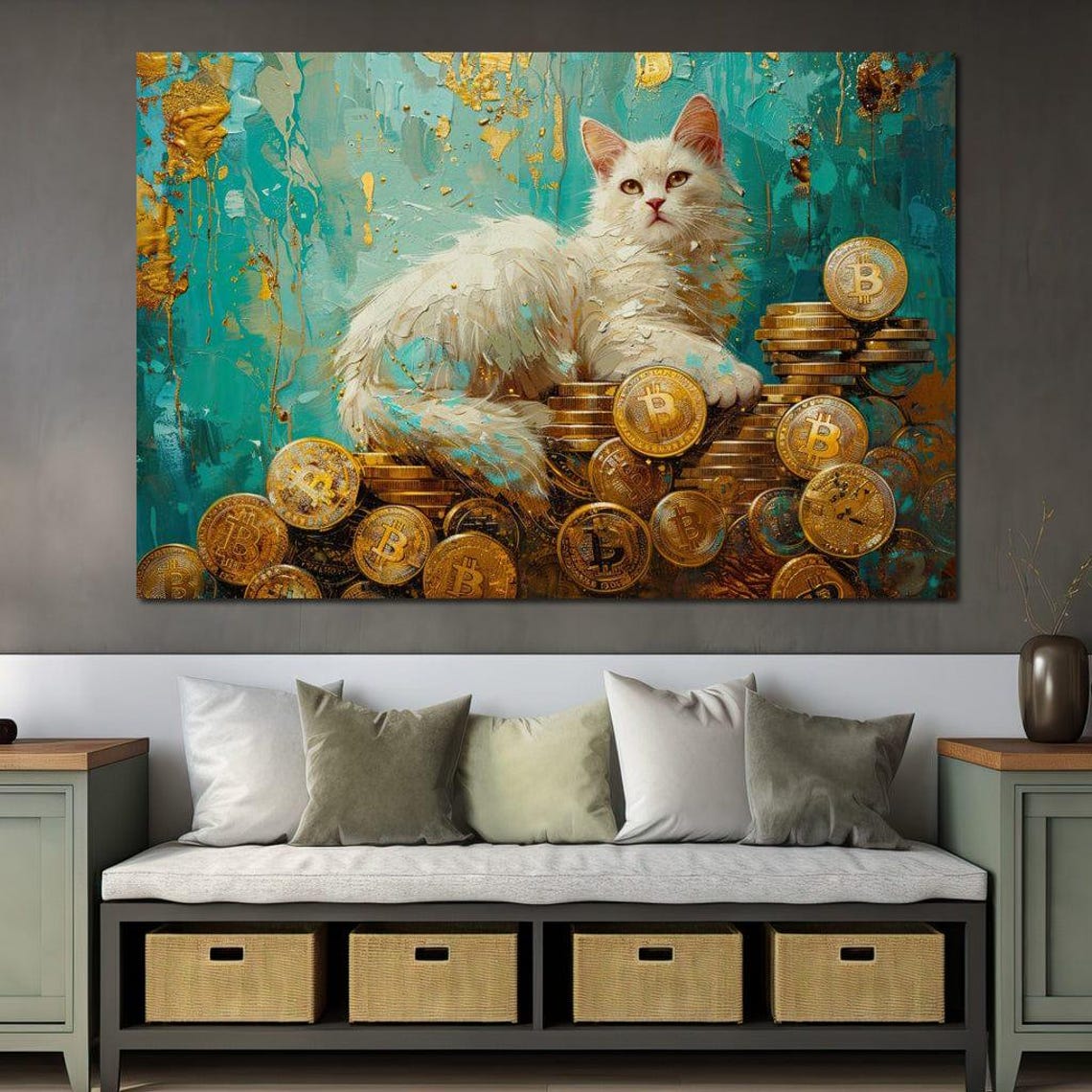 White Cat Bitcoin Gold Coins Crypto Whimsical Animal Art Poster - Image 4