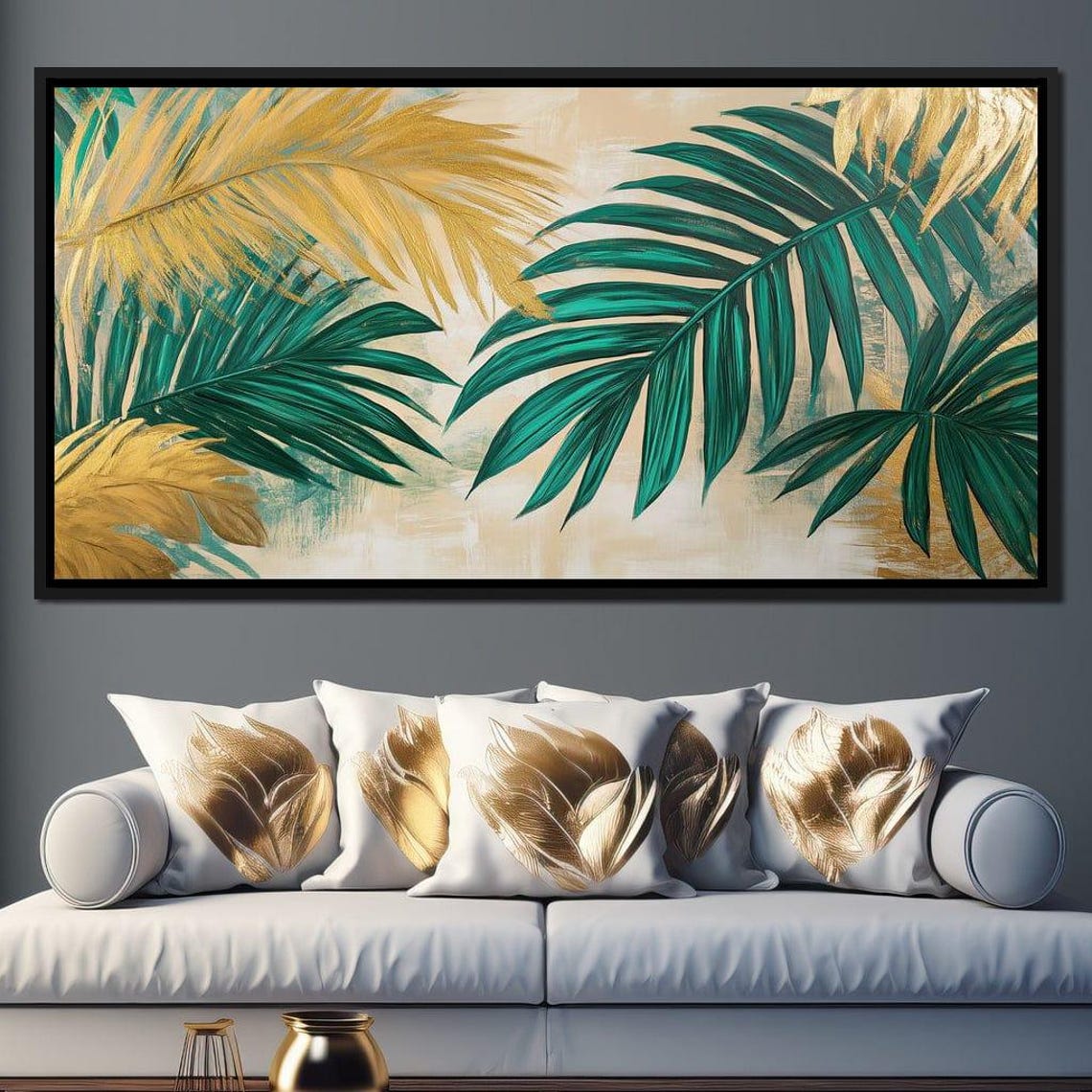 Gold Palm Fronds Emerald Leaves Cream Tropical Botanical Wall Art - Image 3