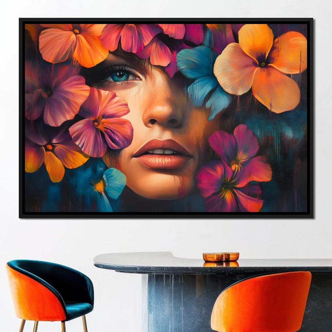 Dreamy Woman Face Framed by Vibrant Colorful Pansy Flowers Poster - Image 4