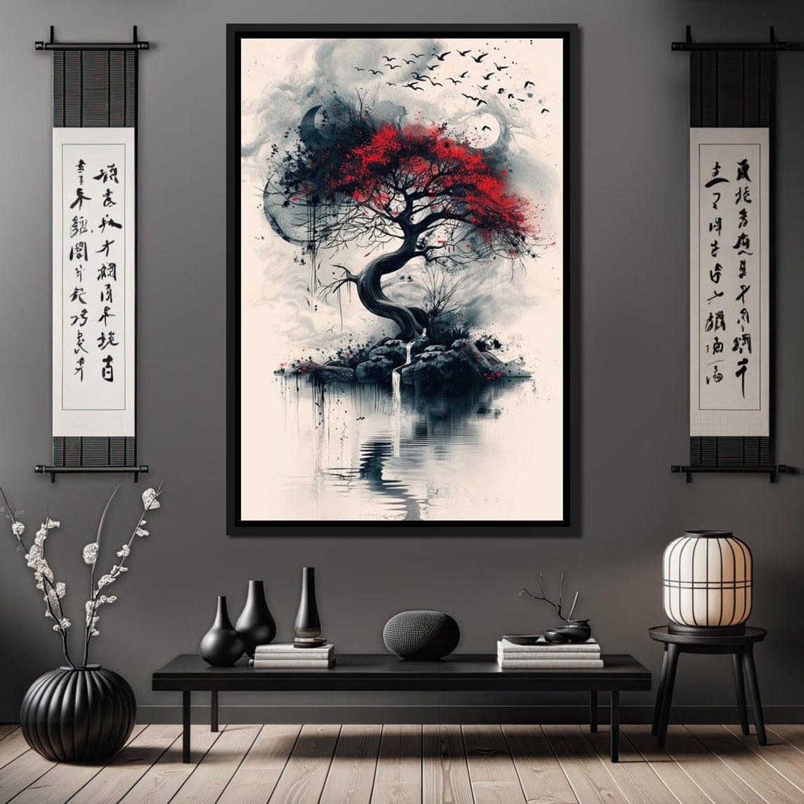 Japanese Red Tree Ink Wash Art Moon Birds Zen Minimalist Wall Poster - Image 4