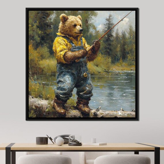 Bear Cub Fishing Overalls Lake Wildlife Whimsical Folk Painting Animal Wall Poster