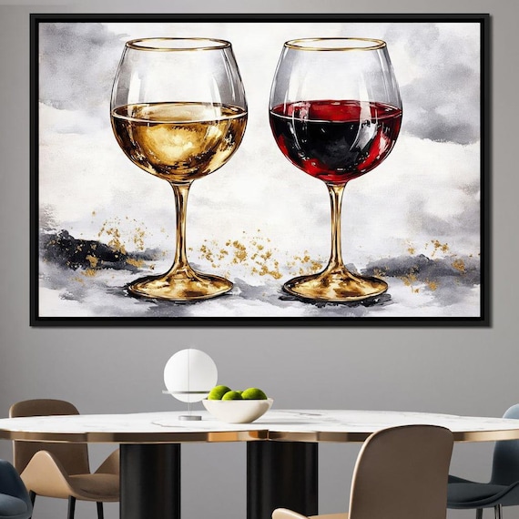 Red And White Wine Glasses Gold Accent Watercolor Kitchen Poster