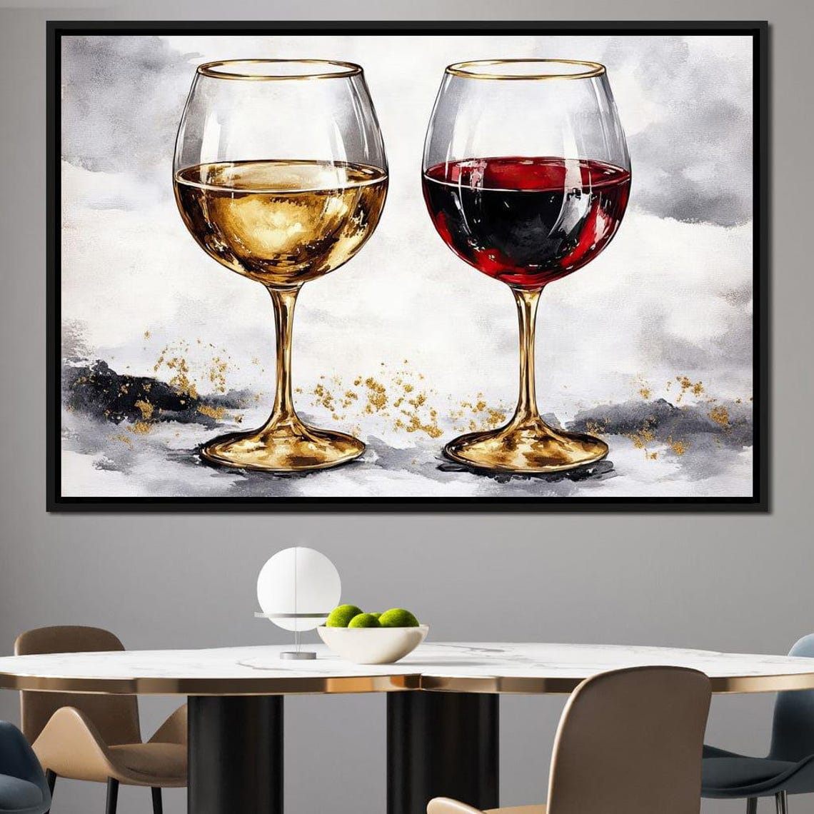 Red And White Wine Glasses Gold Accent Watercolor Kitchen Poster