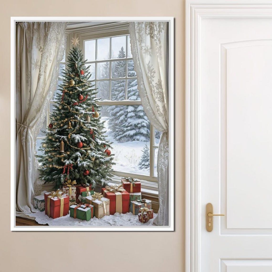 Christmas Tree By Window Snowy Landscape Gifts Vintage Holiday Print - Image 3