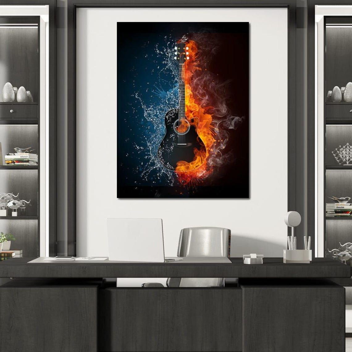 Acoustic Guitar Fire And Water Elemental Flames Artwork Music Poster - Image 4