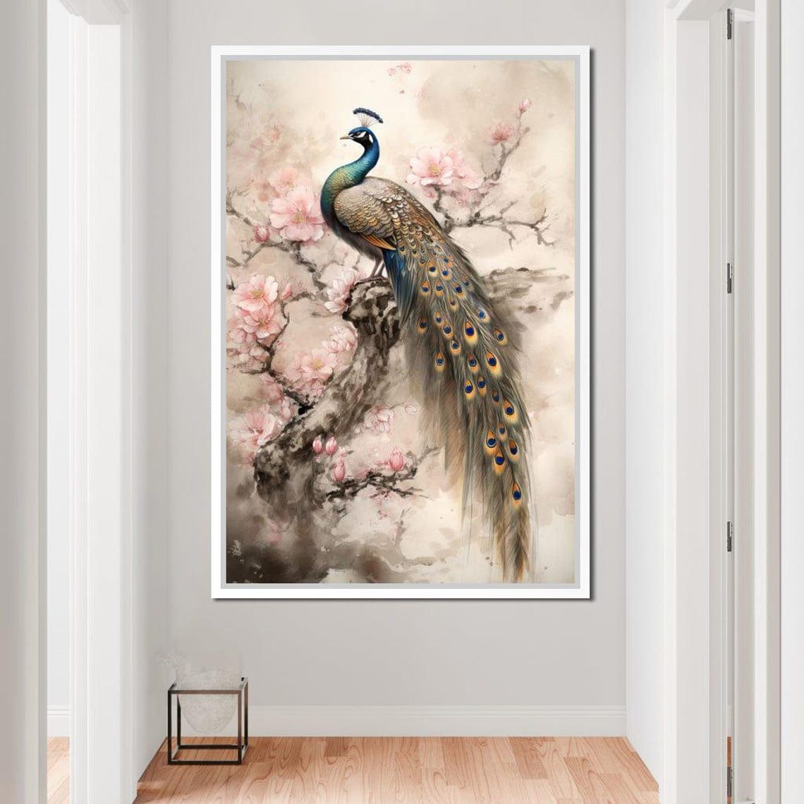 Peacock Long Flowing Tail Cherry Blossom Branch Watercolor Wall Art - Image 2