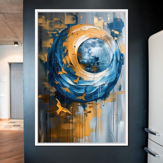 Celestial Blue Gold Moon Abstract Art Cosmic Vortex Golden Birds Poster