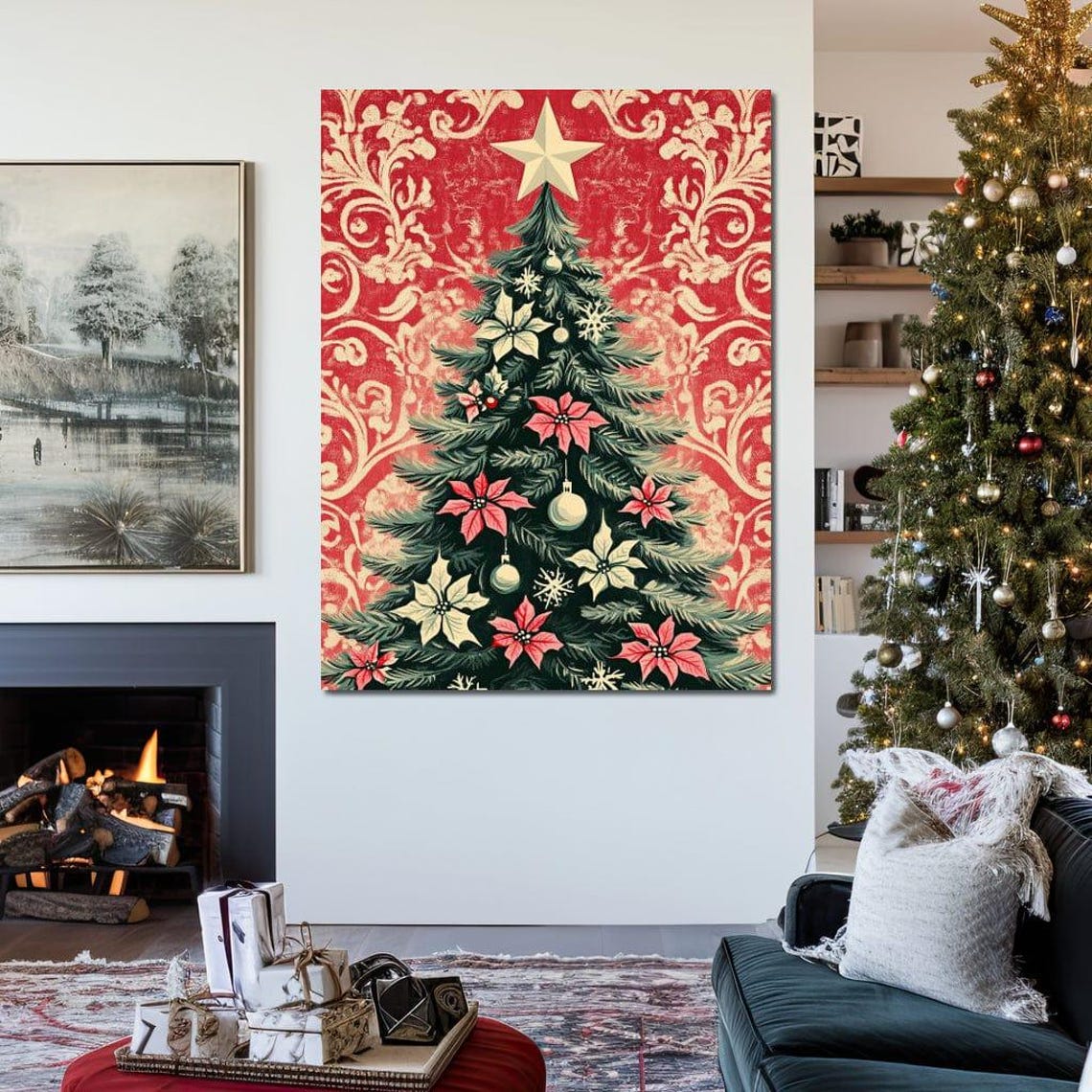 Christmas Tree With Pink Poinsettias Red Damask Holiday Poster - Image 2