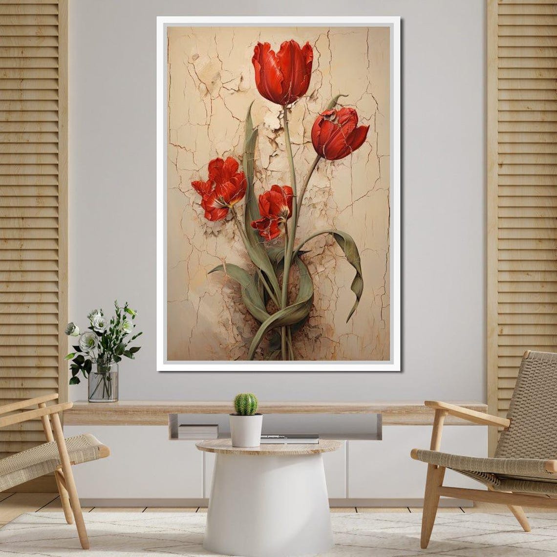 Red Tulips Vintage Cracked Texture Botanical Still Life Art Poster - Image 3