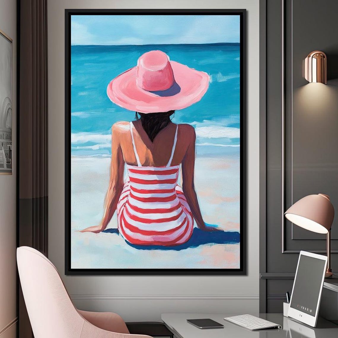 Woman in Pink Sunhat Striped Swimsuit Beach Ocean Summer Art Print