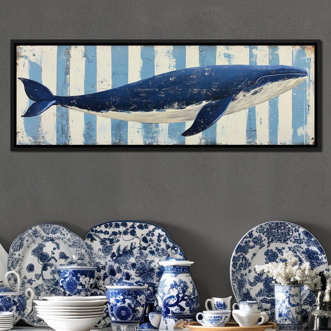 Distressed Navy Whale Striped Beach Coastal Rustic Ocean Wall Art - Image 2