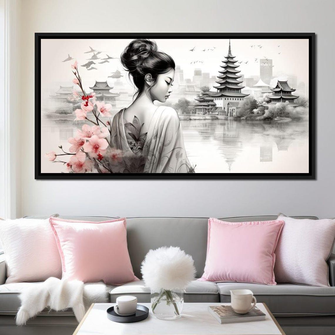 Serene Geisha With Cherry Blossoms Pagoda Lake Japanese Art Poster