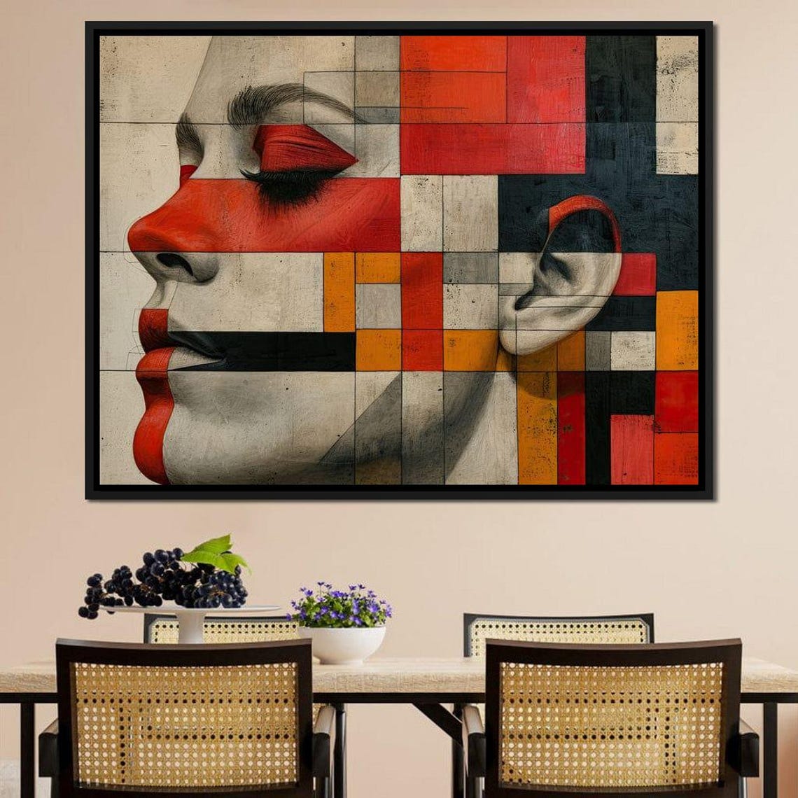 Geometric Cubist Female Face Red Orange Blocks Modern Art Print - Image 3