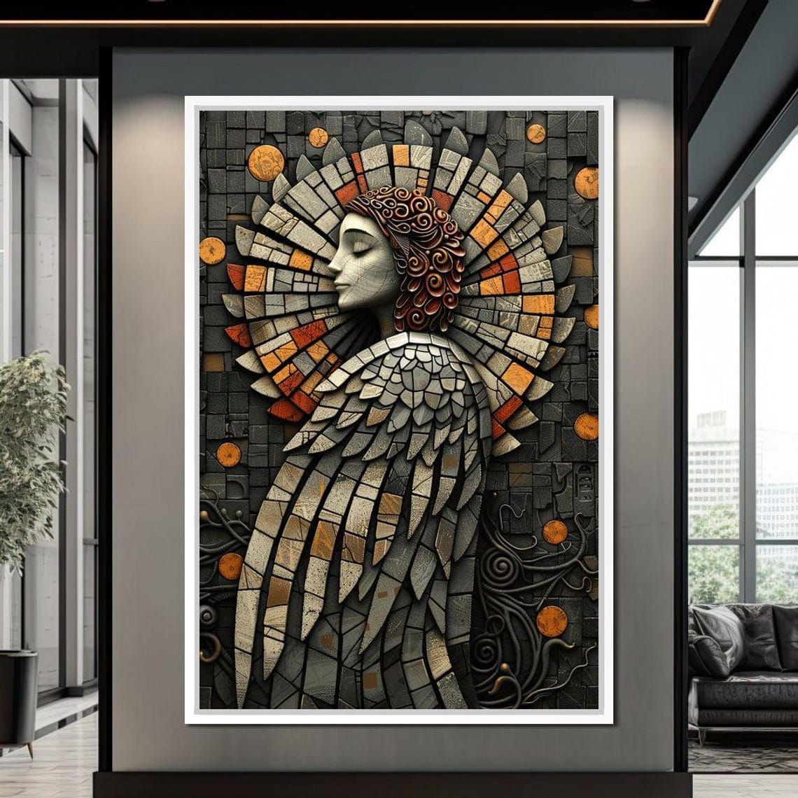 Mosaic Angel Gray Orange Wings Gothic Spiritual Dark Wall Art Poster - Image 2