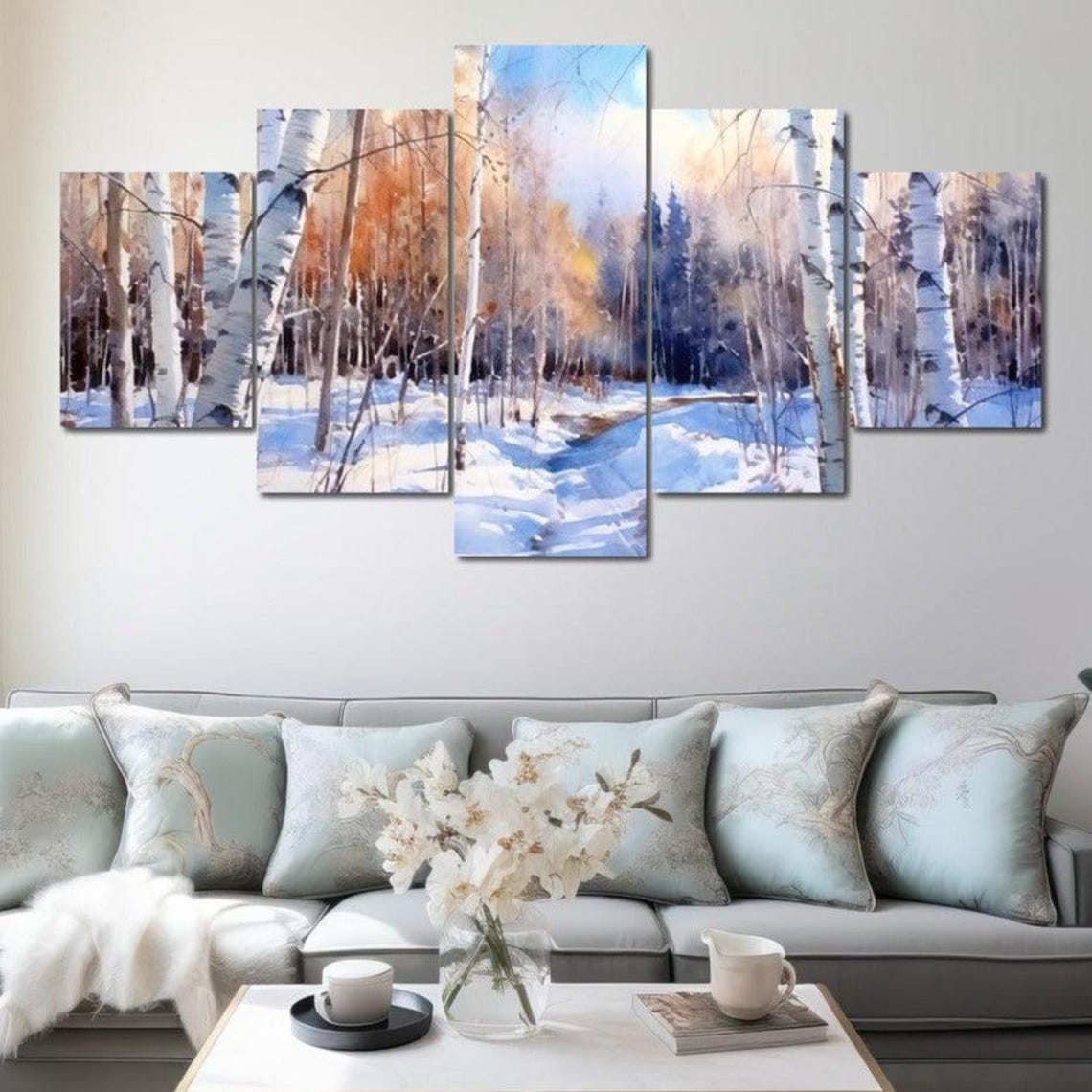 Snowy Birch Forest Winter Walk Watercolor Landscape Painting Art Print - Image 4