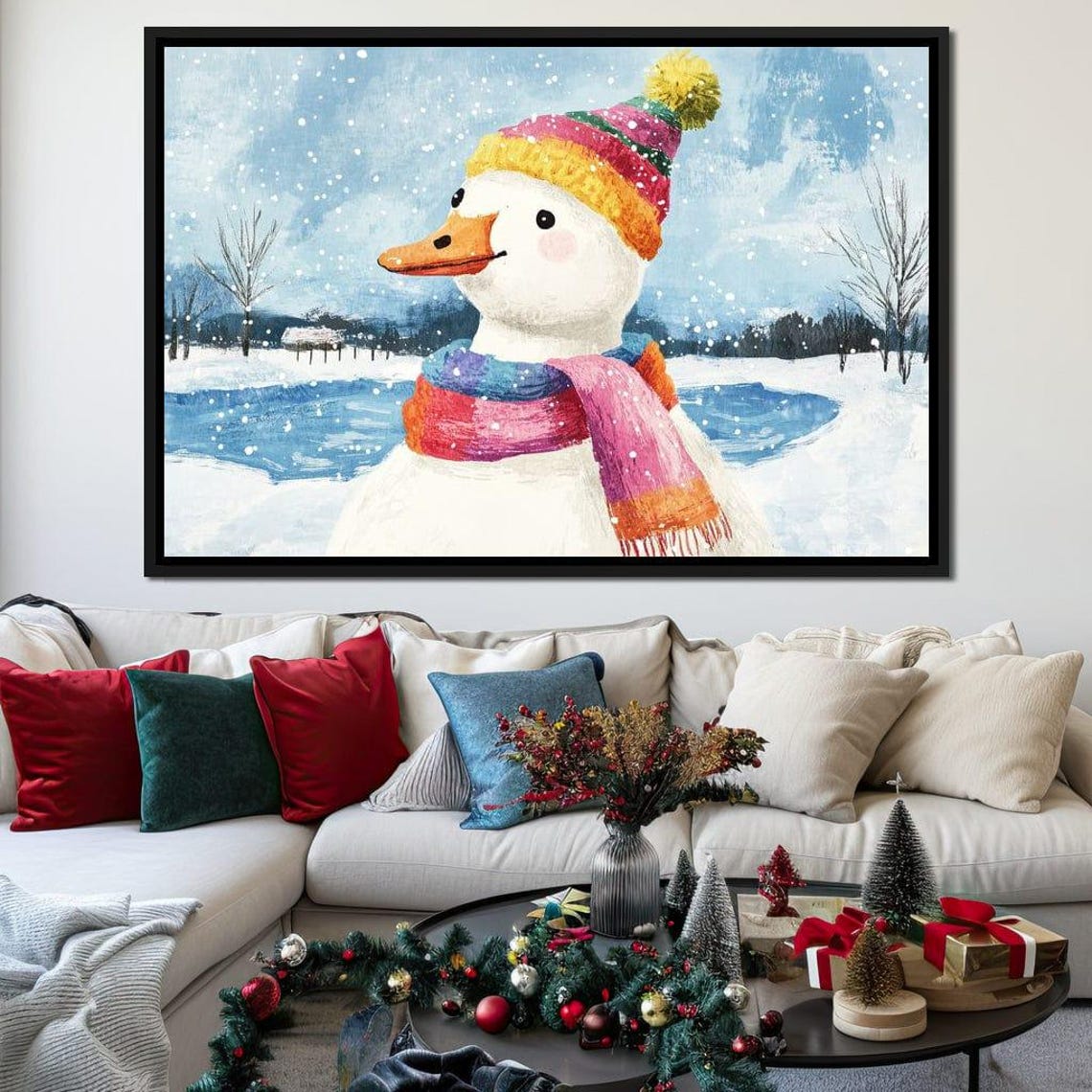 Cozy White Duck In Rainbow Knit Hat And Scarf In Snowy Winter Poster - Image 3