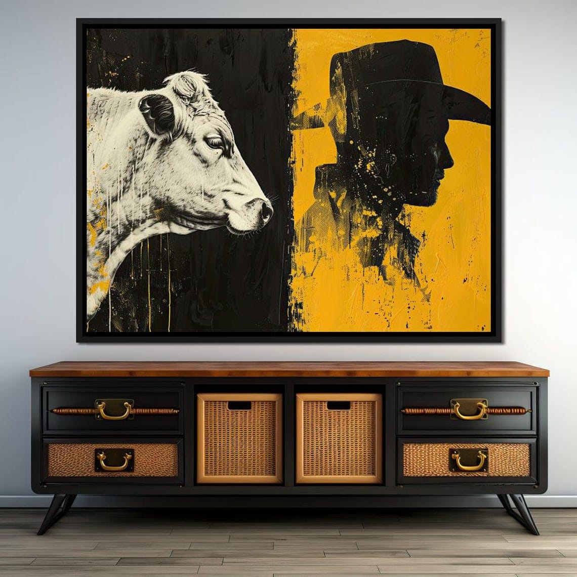 Cow And Cowboy Silhouette Black Gold Split Western Ranch Art Print - Image 2