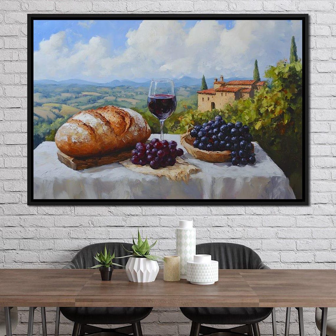 Tuscan Vineyard Table with Wine Glass Bread and Grapes Poster - Image 3