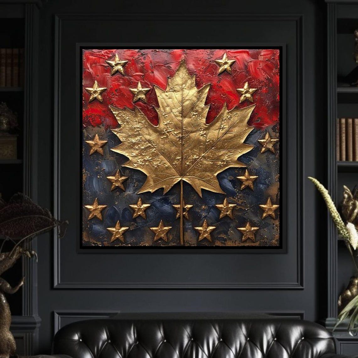 Golden Maple Leaf Stars Red Blue Patriotic Canadian Pride Art Poster - Image 2