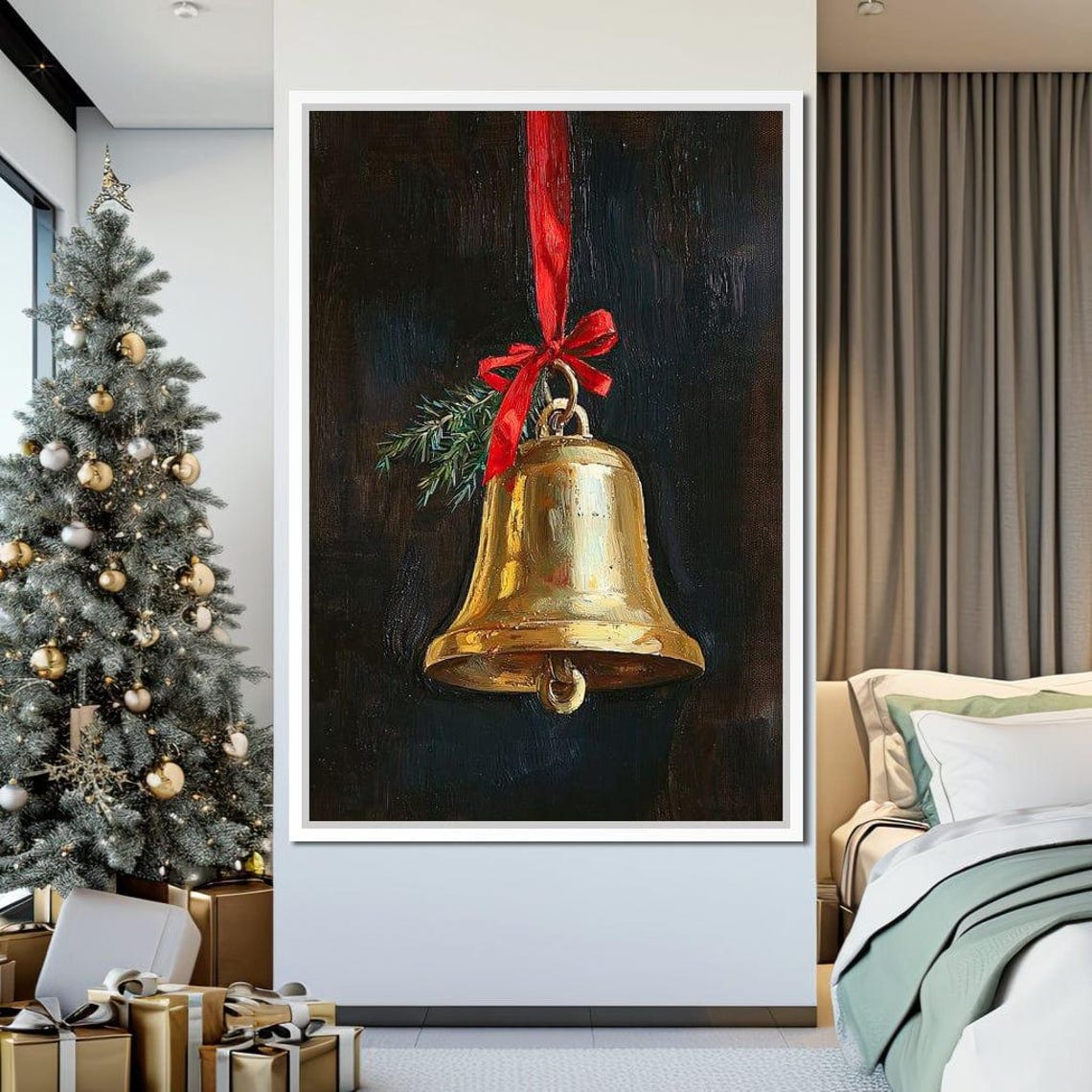 Golden Christmas Bell With Red Ribbon And Pine Sprig On Dark Poster - Image 2