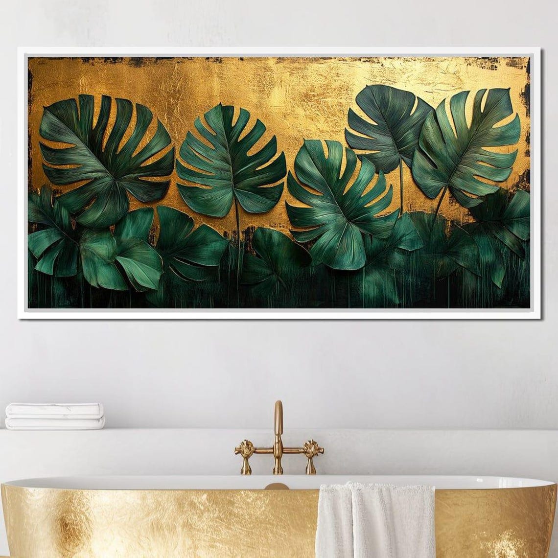 Deep Green Monstera Row Gold Leaf Background Luxe Botanical Wall Art - Image 2